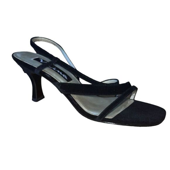 Nina Womens 10 Gwenda-CV-Black Velvet Block Heels Leather Slingback Square Toe - Picture 1 of 8